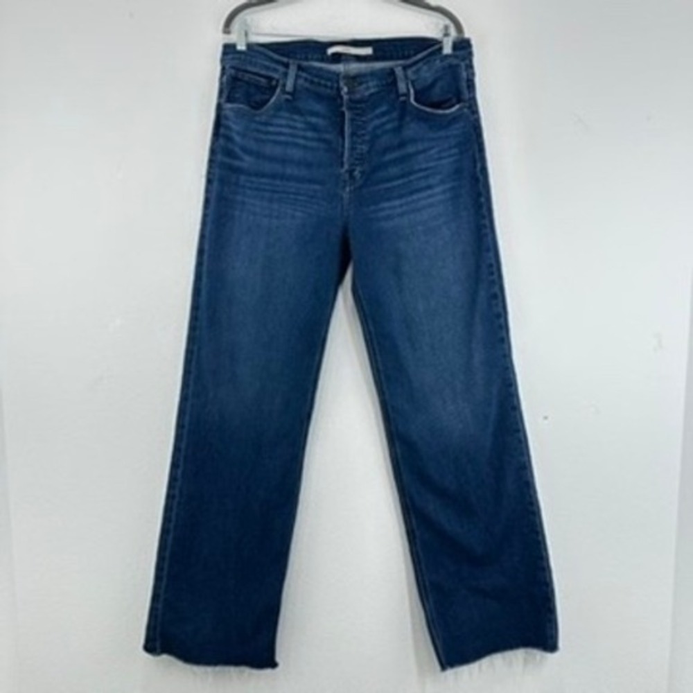 Hudson Rosie Wide Leg High Rise Jeans Dark Wash Wm Size 33 Button Fly Raw‎ Hem